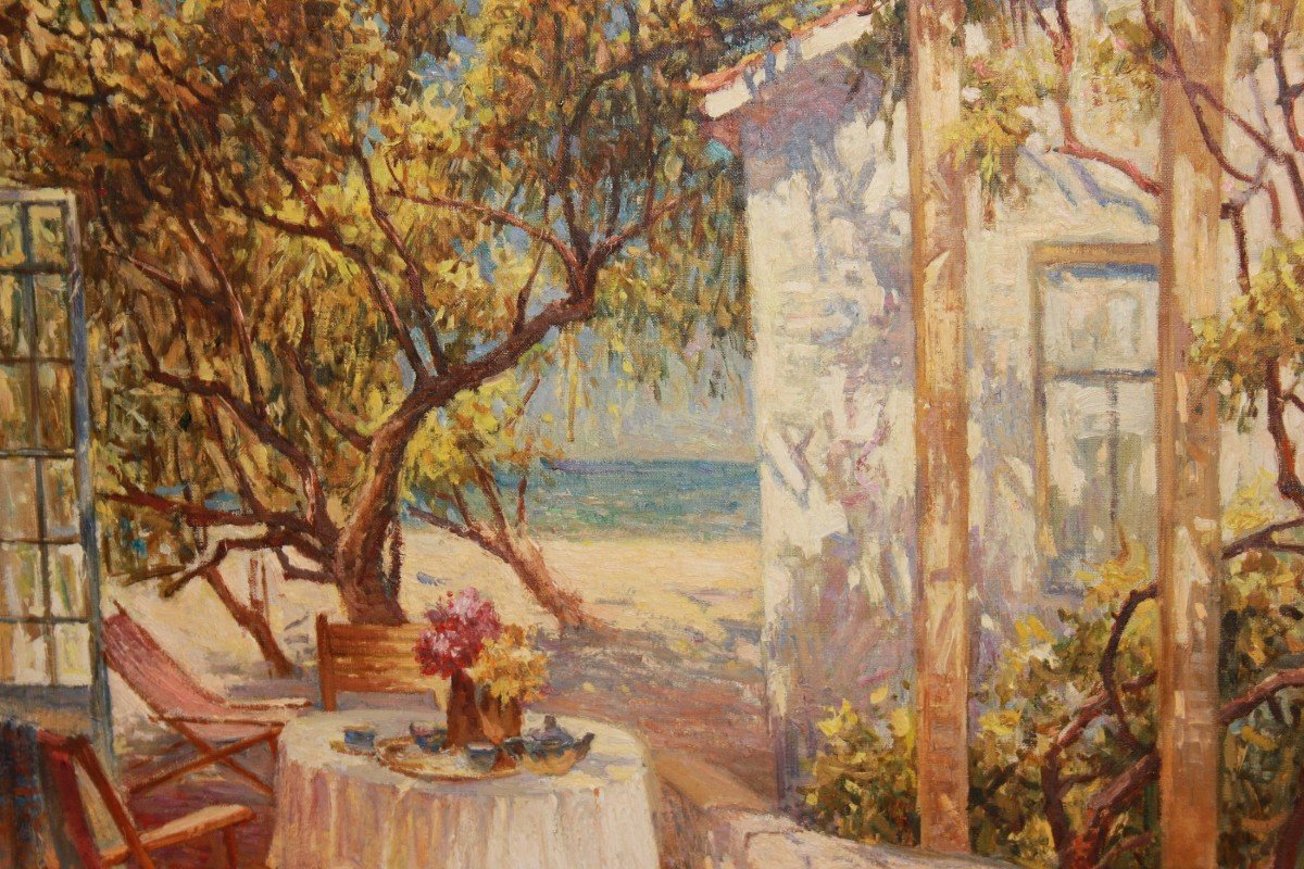 Huile sur toile française représentant un paysage de villa en bord de mer-photo-1