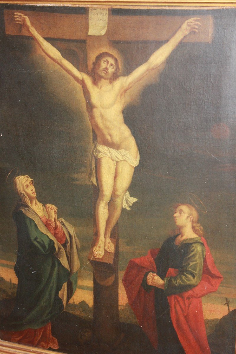 Huile sur toile française du XVIIIe siècle (1700) représentant la Crucifixion-photo-2