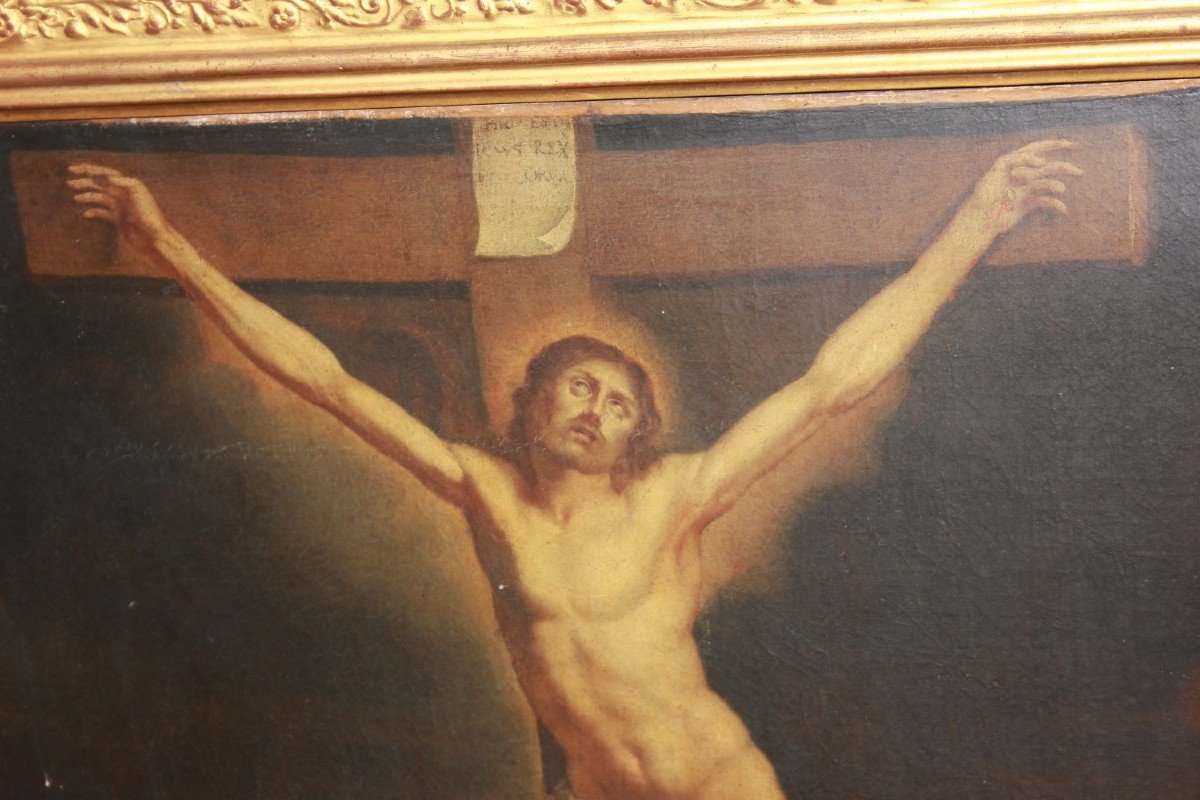 Huile sur toile française du XVIIIe siècle (1700) représentant la Crucifixion-photo-4