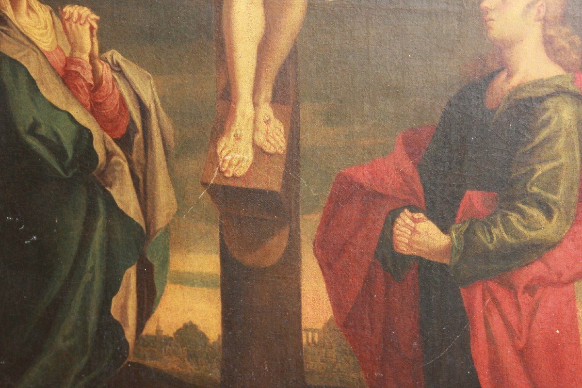 Huile sur toile française du XVIIIe siècle (1700) représentant la Crucifixion-photo-3