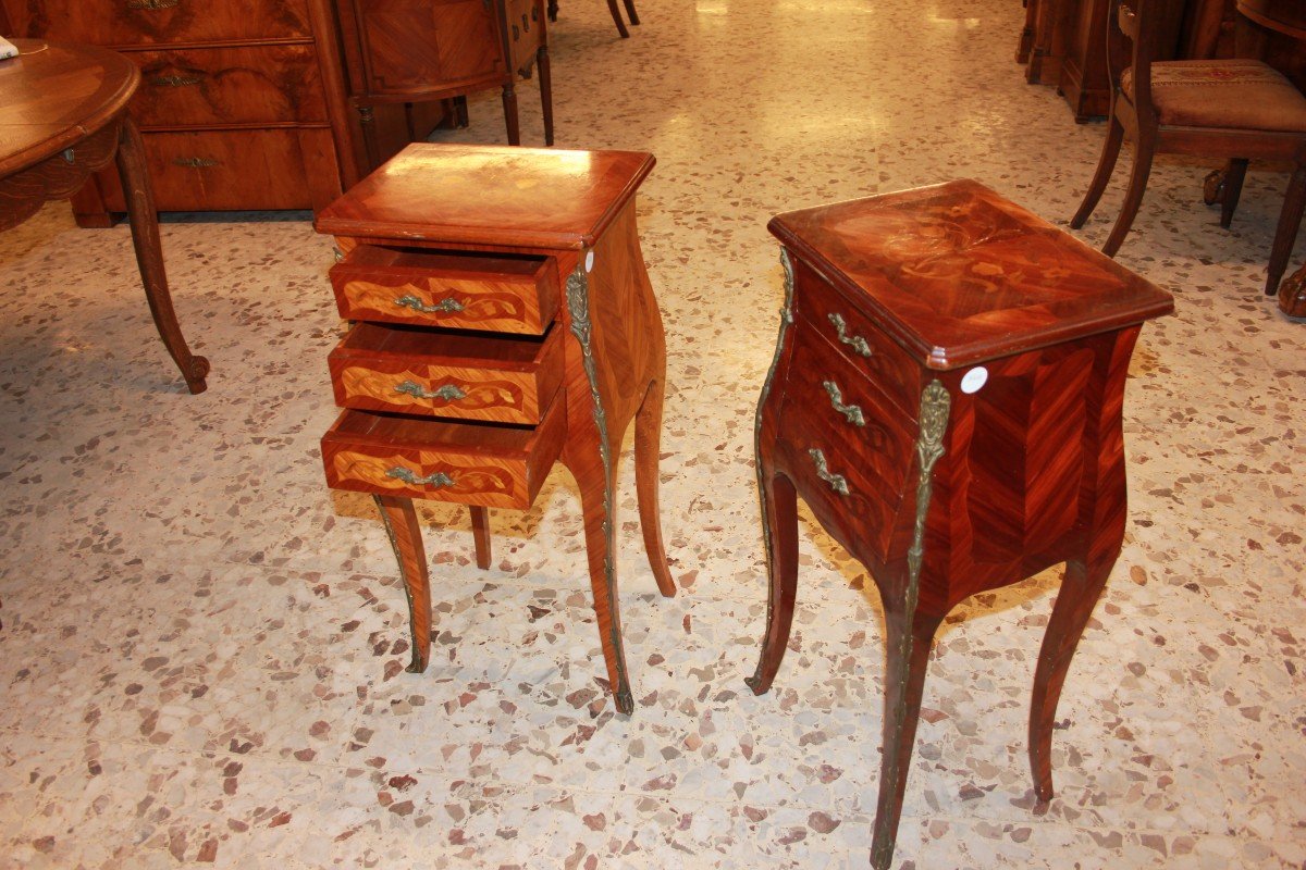 Pair Of French Louis XV Style Inlaid Bedside Tables With Bronze Applications-photo-2