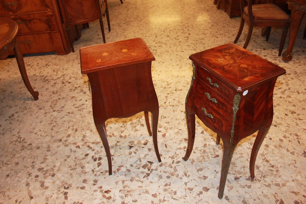 Pair Of French Louis XV Style Inlaid Bedside Tables With Bronze Applications-photo-3