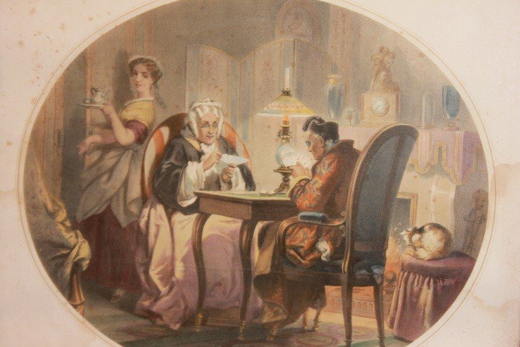 French Color Engraving From 1800. Interior Scenes. Characters Playing Cards-photo-2