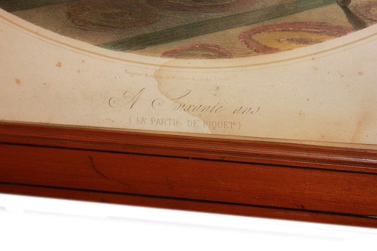 French Color Engraving From 1800. Interior Scenes. Characters Playing Cards-photo-3