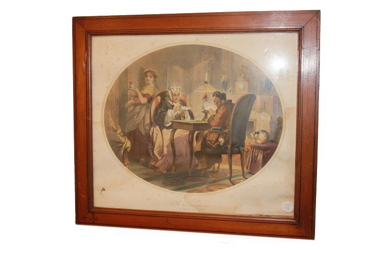French Color Engraving From 1800. Interior Scenes. Characters Playing Cards