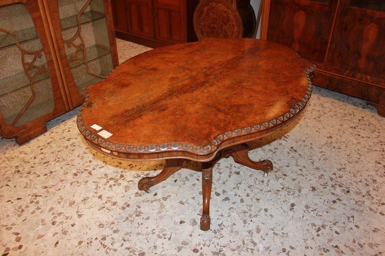 19th Century English Victorian Flame Walnut Scalloped Coffee Table-photo-3