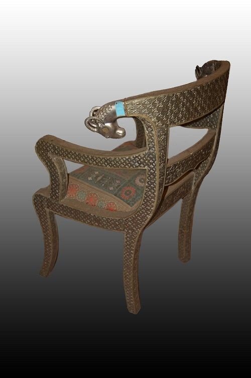 Group Of 5 Indian Armchairs From The Early 1900s Entirely In Wood Covered With Bronzed Metal -photo-4