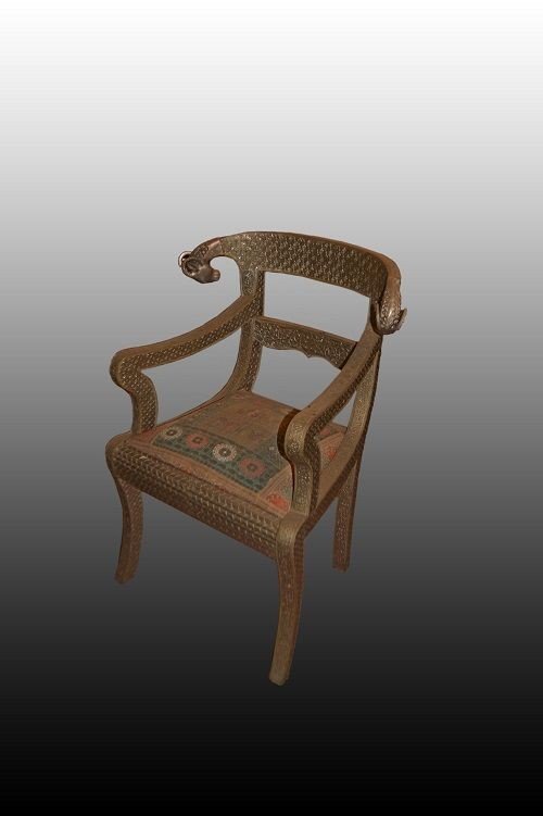 Group Of 5 Indian Armchairs From The Early 1900s Entirely In Wood Covered With Bronzed Metal 
