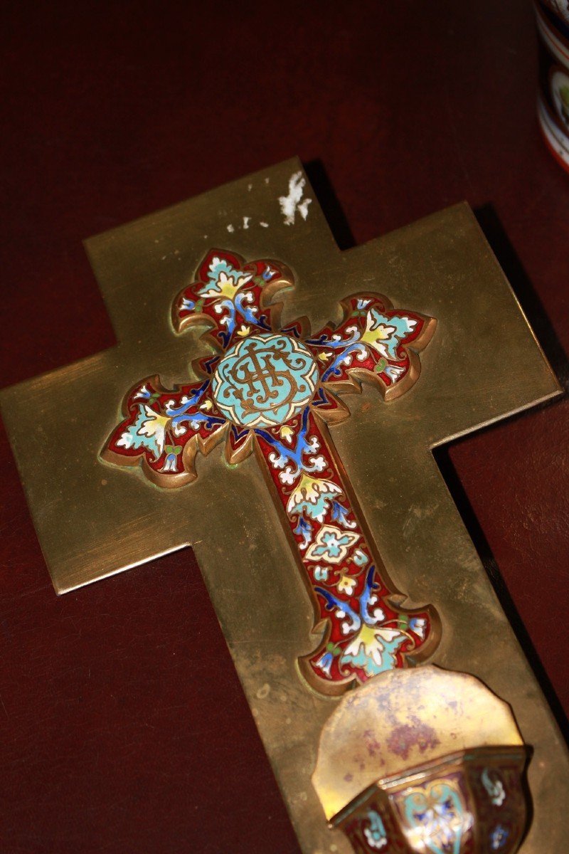 Cloisonné Metal Crucifix With Holy Water Font 1900-photo-2