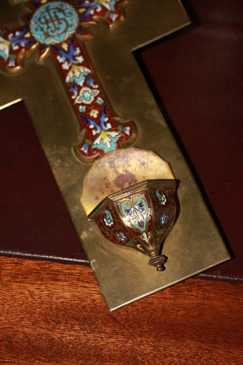 Cloisonné Metal Crucifix With Holy Water Font 1900-photo-3