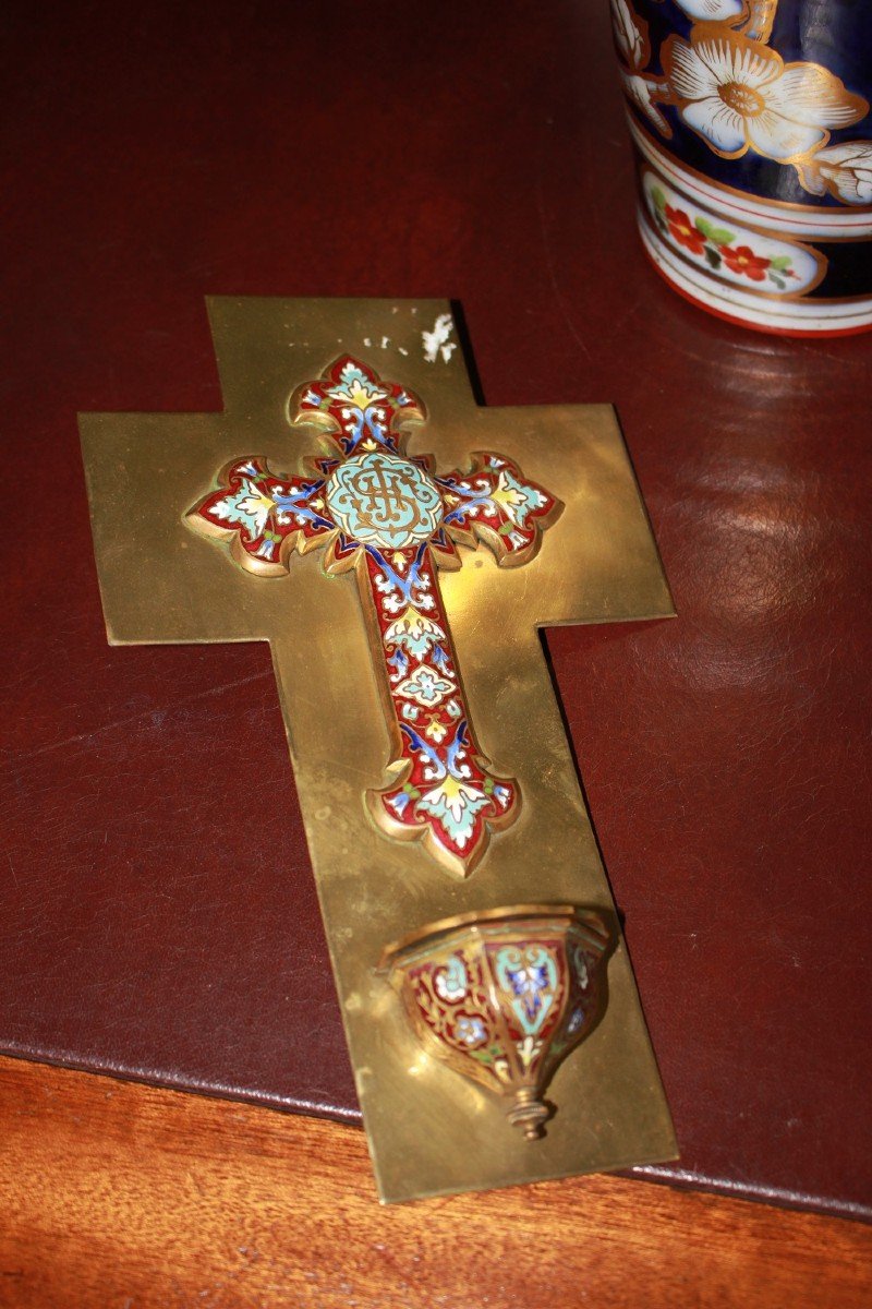 Cloisonné Metal Crucifix With Holy Water Font 1900