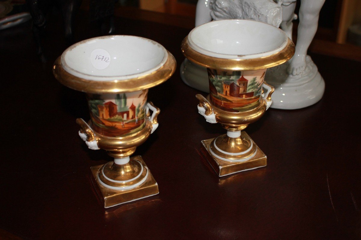 Paire De Vases Cratère En Porcelaine Vieux Paris Avec Paysages 1800-photo-2