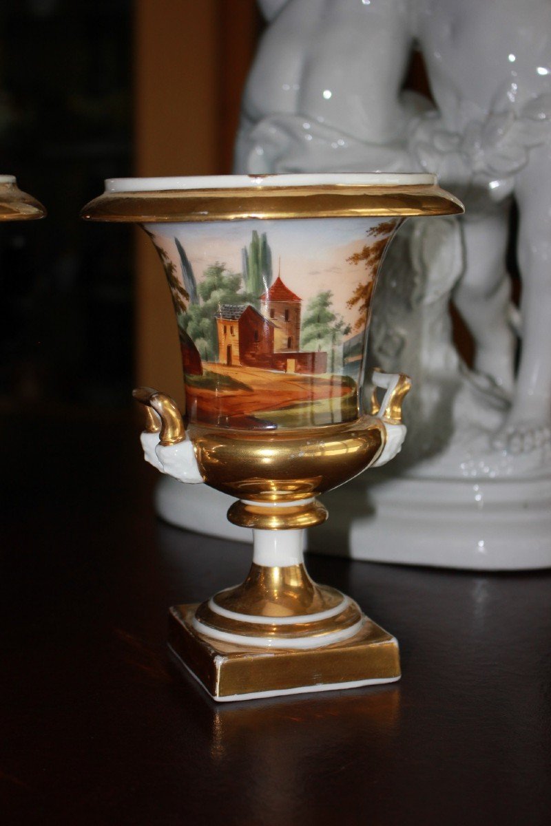Paire De Vases Cratère En Porcelaine Vieux Paris Avec Paysages 1800-photo-3