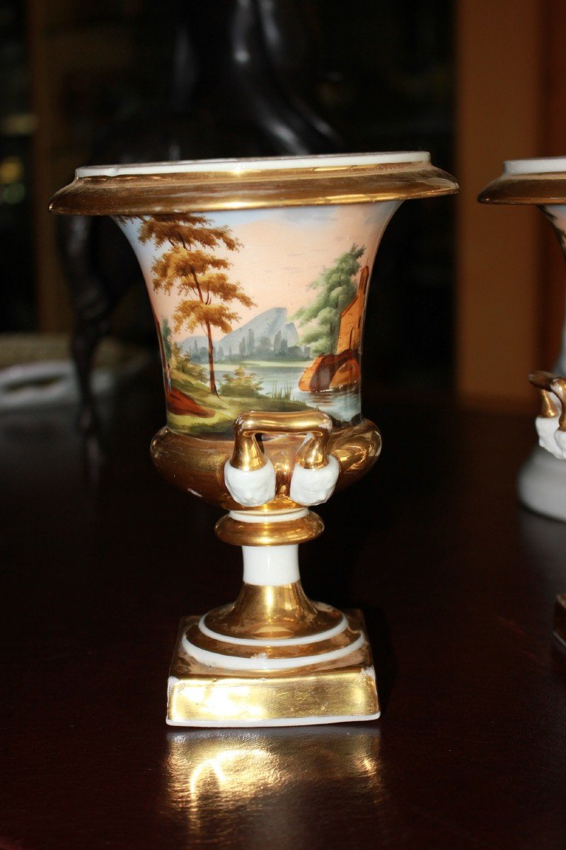 Paire De Vases Cratère En Porcelaine Vieux Paris Avec Paysages 1800-photo-1