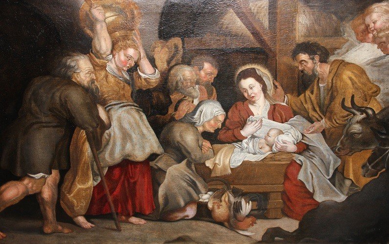Huile Sur Toile Du 1700 Représentant l'Adoration De l'Enfant Jésus école Flamande -photo-2