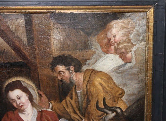 Huile Sur Toile Du 1700 Représentant l'Adoration De l'Enfant Jésus école Flamande -photo-1