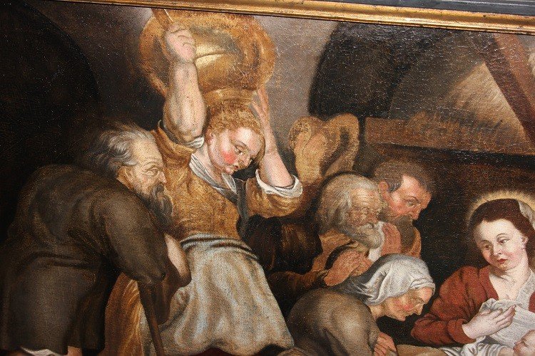 Huile Sur Toile Du 1700 Représentant l'Adoration De l'Enfant Jésus école Flamande -photo-2