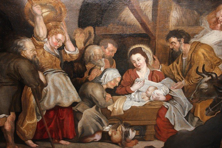Huile Sur Toile Du 1700 Représentant l'Adoration De l'Enfant Jésus école Flamande -photo-3