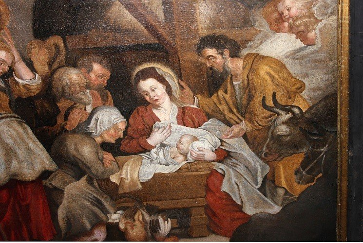 Huile Sur Toile Du 1700 Représentant l'Adoration De l'Enfant Jésus école Flamande -photo-4