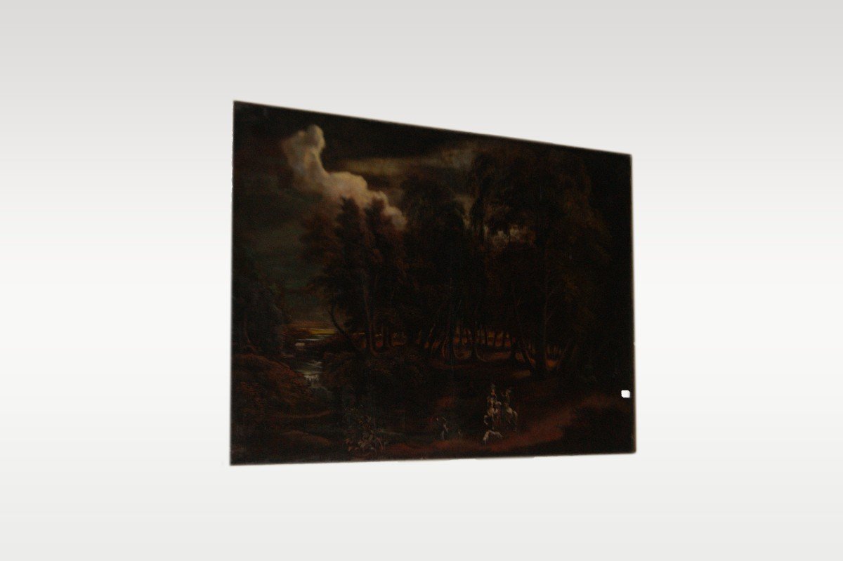 Spectacular Italian Oil On Canvas From The 1700s, Depicting A Landscape With A Forest