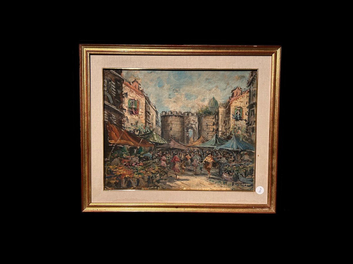 Huile Sur Toile école Italienne école Napolitaine (xxe Siècle) Marché à Porta Capuana