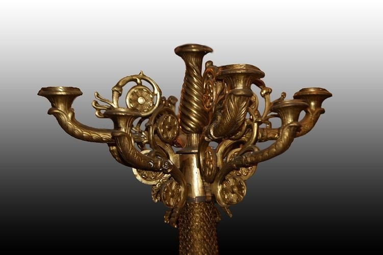 Pair Of Giant French Candlesticks From The Late 1800s, Empire Style, In Bronze And Marble-photo-2