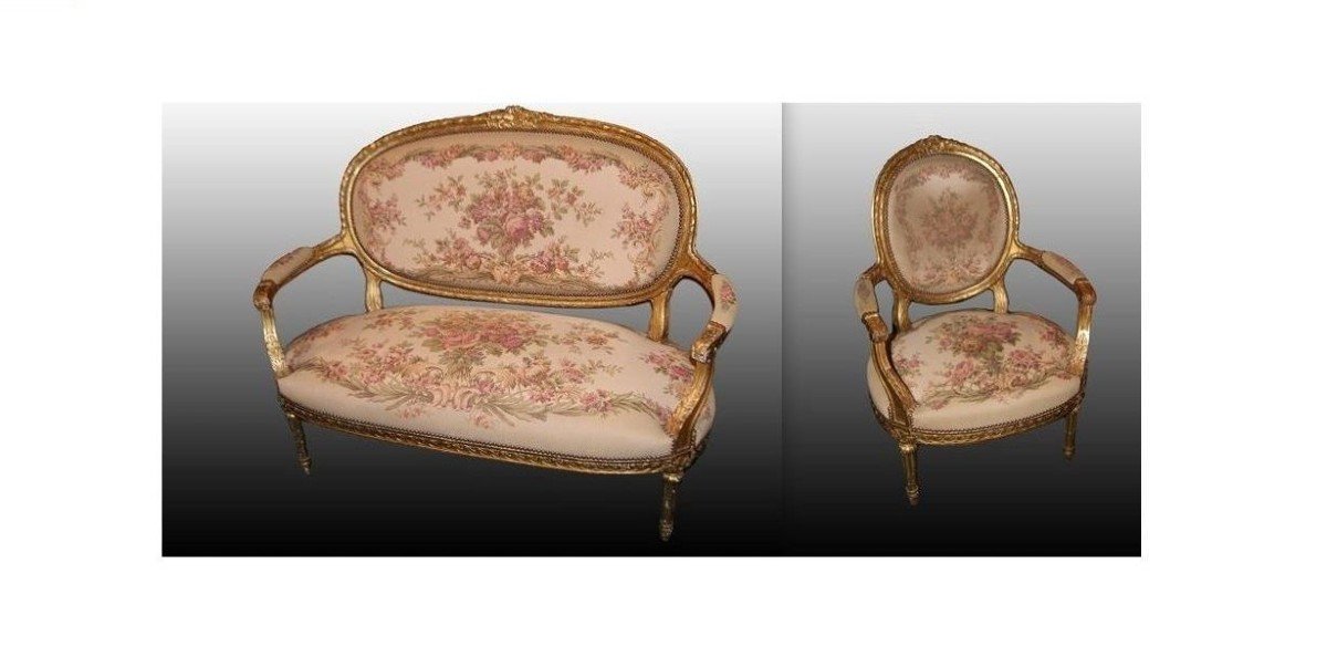 Salon 6 Pièces 4 Fauteuils 1 Canapé Et 1 Table Basse Louis XVI Doré à La Feuille d'Or 1800