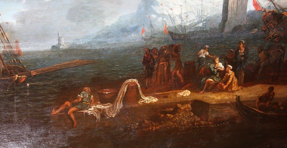 Oil On Flemish Van Der Cabel Panel From The Second Half Of 1600 Depicting A Sea View Of The Por-photo-2