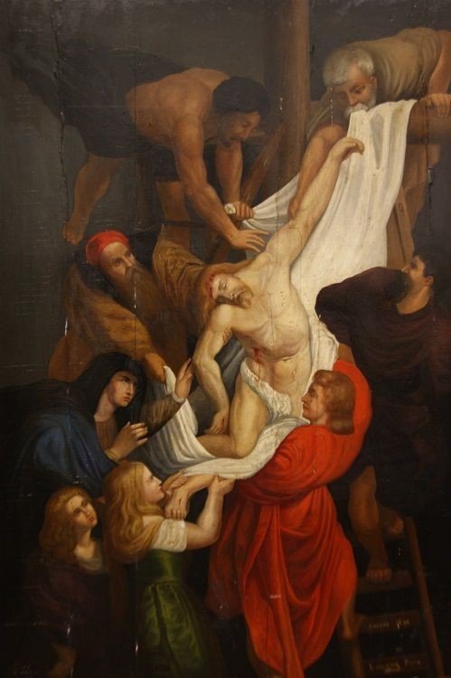 Flemish Painted Wood Dated 1630, Representing The Deposition Of Jesus From The Cross. Origin: H-photo-2