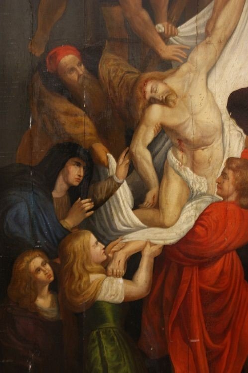 Flemish Painted Wood Dated 1630, Representing The Deposition Of Jesus From The Cross. Origin: H-photo-3