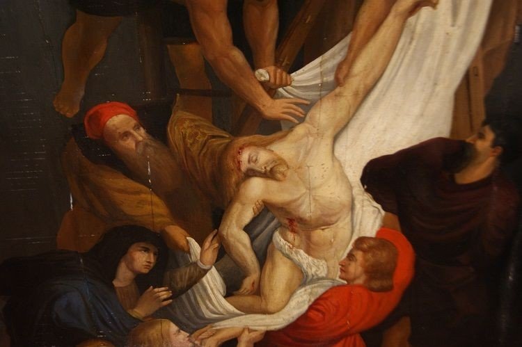 Flemish Painted Wood Dated 1630, Representing The Deposition Of Jesus From The Cross. Origin: H-photo-4