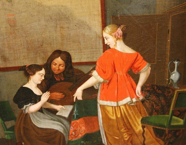 Huile Sur Toile Allemande Du XVIIe Siècle Représentant Une Leçon De Musique-photo-3