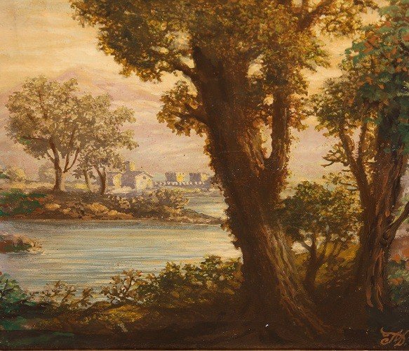 Huile Sur Toile Italienne Représentant Un Paysage Avec Vue Sur La Mer Du XIXe Siècle-photo-3