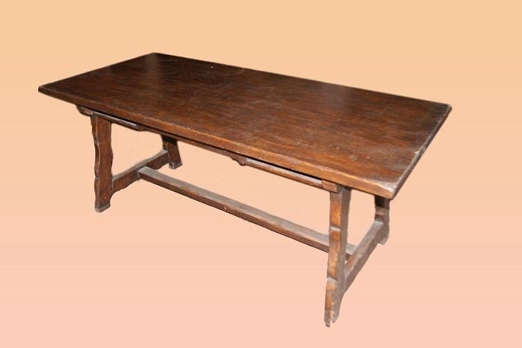 Italian "fratino" Table From The Mid-1900s In Walnut Wood. It Features 3 Drawers Below The Tabl