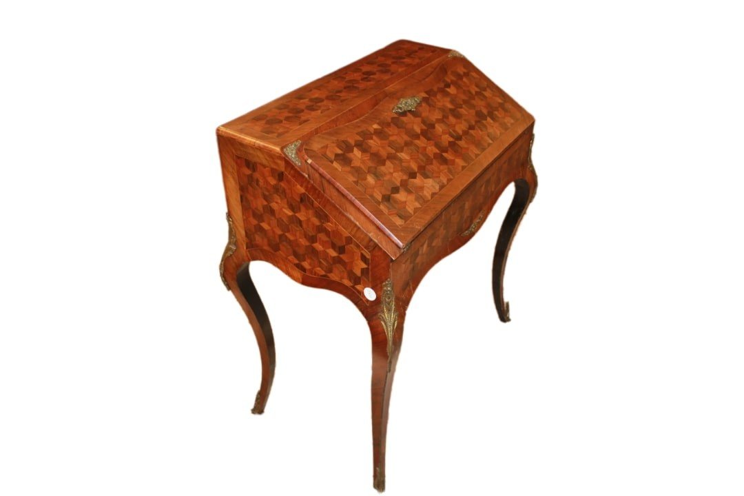 Beautiful French Secretary Desk From 1800s | Louis XV Style With Geometric Inlays-photo-2