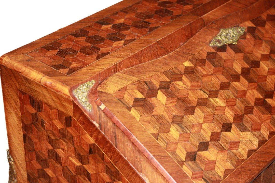 Beautiful French Secretary Desk From 1800s | Louis XV Style With Geometric Inlays-photo-3
