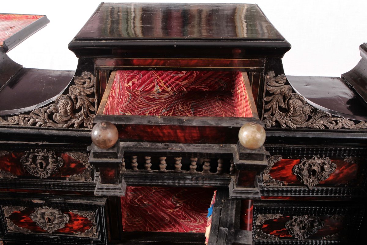 Ebony Desk With Tortoiseshell Inserts And Silver Finishes. Drawers At The Top And Sliding And T-photo-3