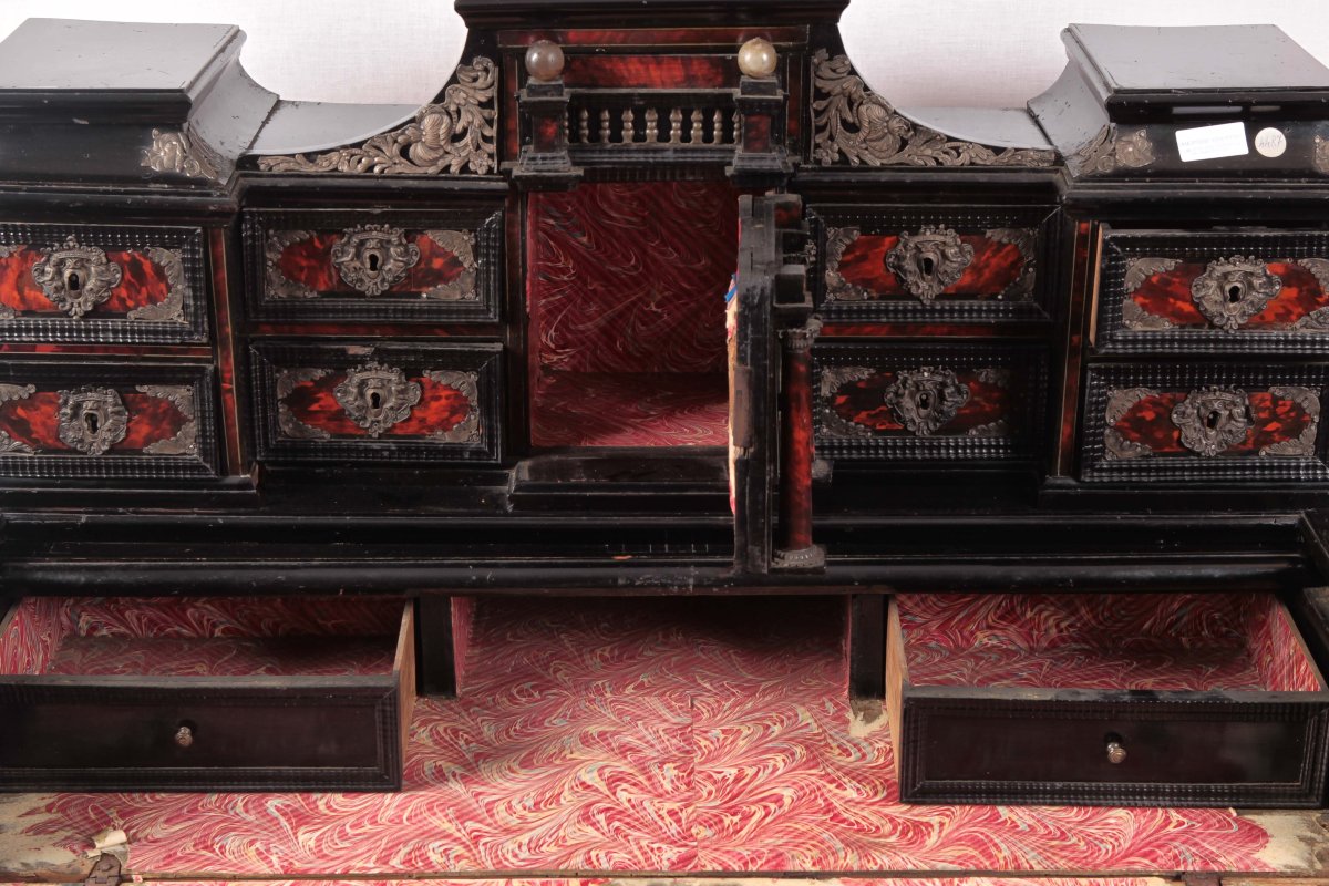 Ebony Desk With Tortoiseshell Inserts And Silver Finishes. Drawers At The Top And Sliding And T-photo-4