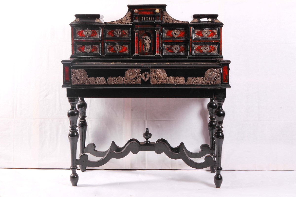 Ebony Desk With Tortoiseshell Inserts And Silver Finishes. Drawers At The Top And Sliding And T