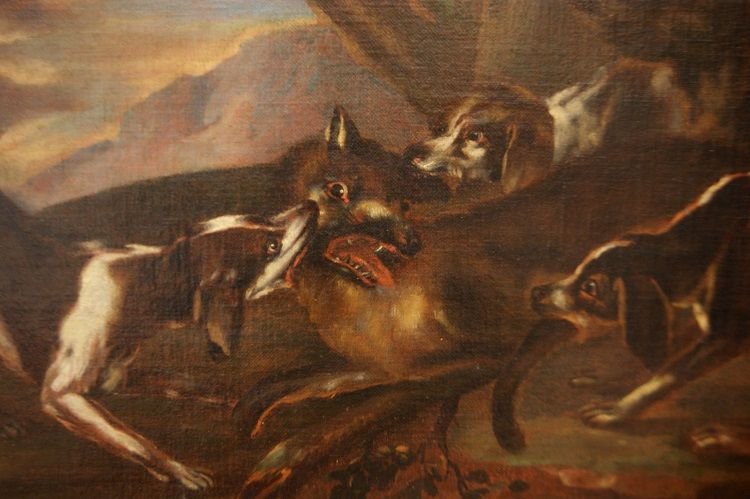 Paire d'Huiles Italiennes Sur Toile Des Années 1600, Scènes De Chasse -photo-1