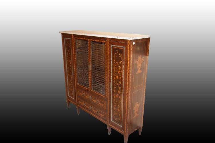 Vitrine 4 Portes Françaises En Bois d'Acajou Richement Incrusté Et Avec Dessus En Marbre 1800-photo-2