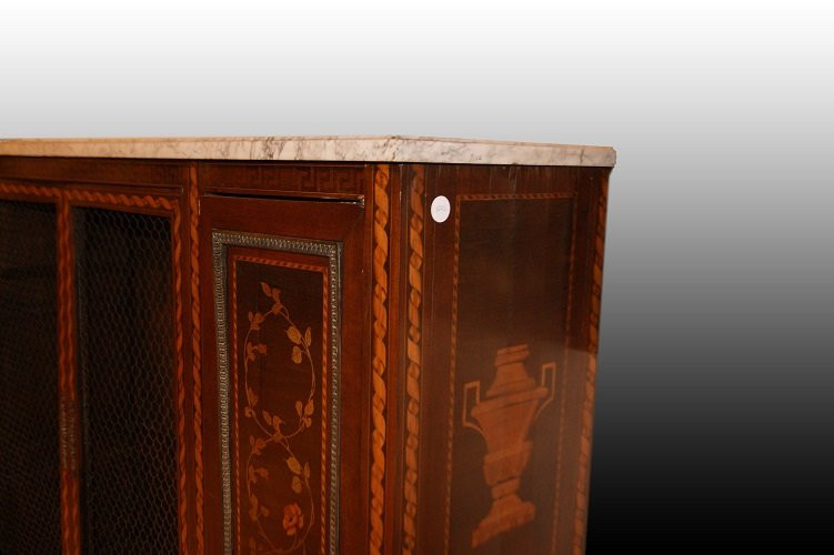 Vitrine 4 Portes Françaises En Bois d'Acajou Richement Incrusté Et Avec Dessus En Marbre 1800-photo-3