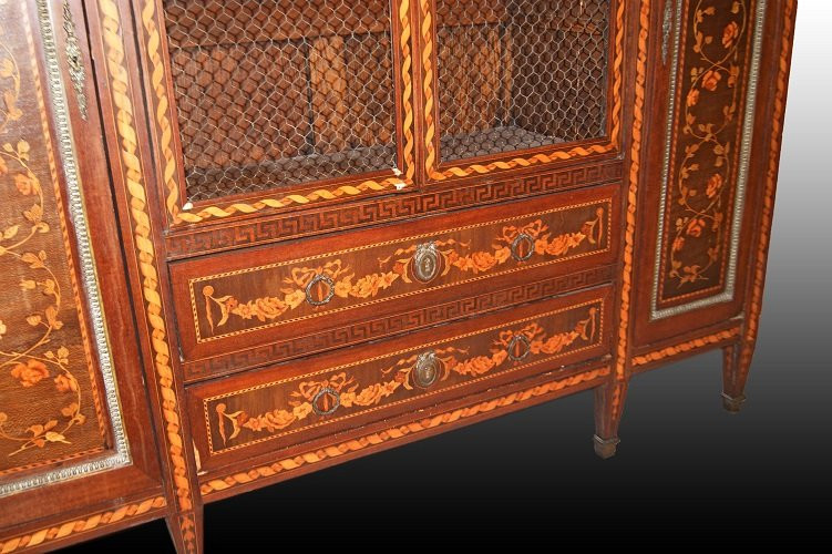 Vitrine 4 Portes Françaises En Bois d'Acajou Richement Incrusté Et Avec Dessus En Marbre 1800-photo-1