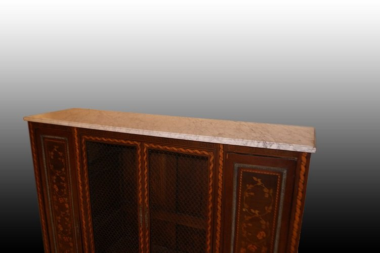 Vitrine 4 Portes Françaises En Bois d'Acajou Richement Incrusté Et Avec Dessus En Marbre 1800-photo-3