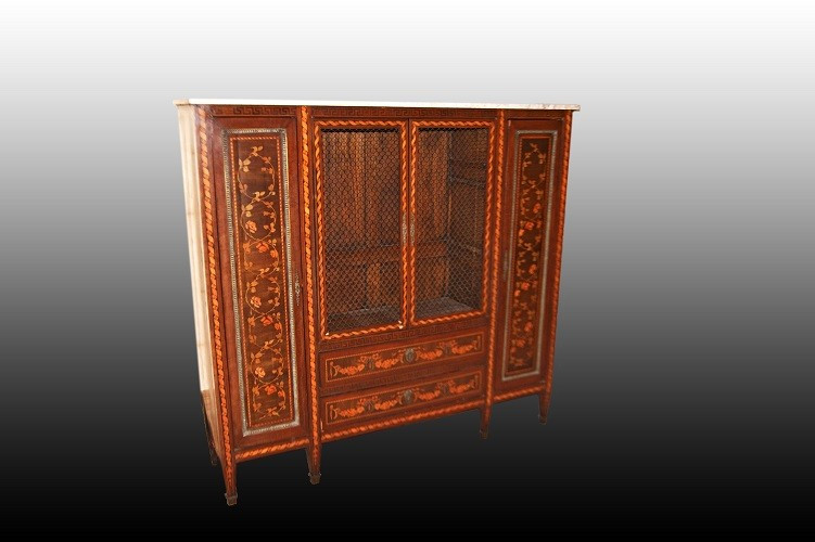 Vitrine 4 Portes Françaises En Bois d'Acajou Richement Incrusté Et Avec Dessus En Marbre 1800