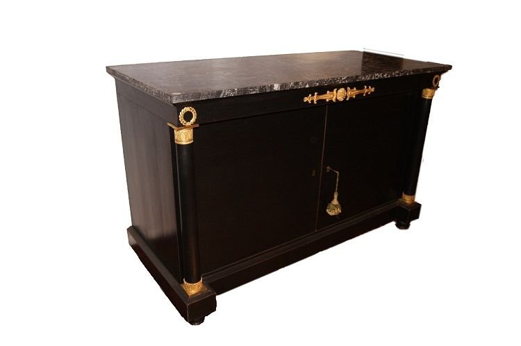 French Sideboard With 2 Doors From The Mid-1800s, Empire Style, In Black Lacquered Mahogany Woo-photo-2