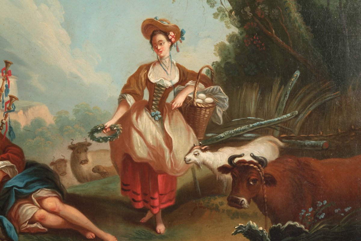 Oil On Canvas Depicting A Couple Of Characters With Animals. The Girl Carries A Basket And A Ga-photo-2