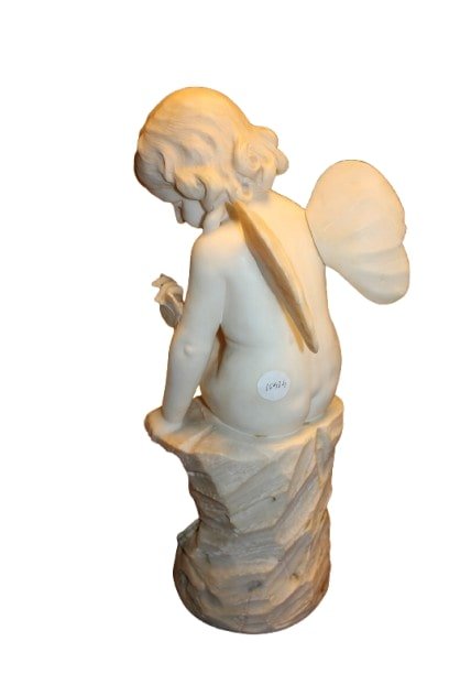 Putto Français en Marbre Blanc – Seconde Moitié du XIXe Siècle, Sculpture Ailée sur Piédestal-photo-4