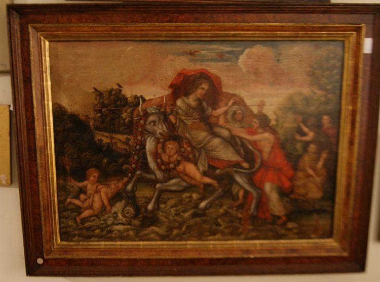 Huile Sur Panneau Viol d'Europe Années 1600 Hollandaises, Avec Cadre Spectaculaire