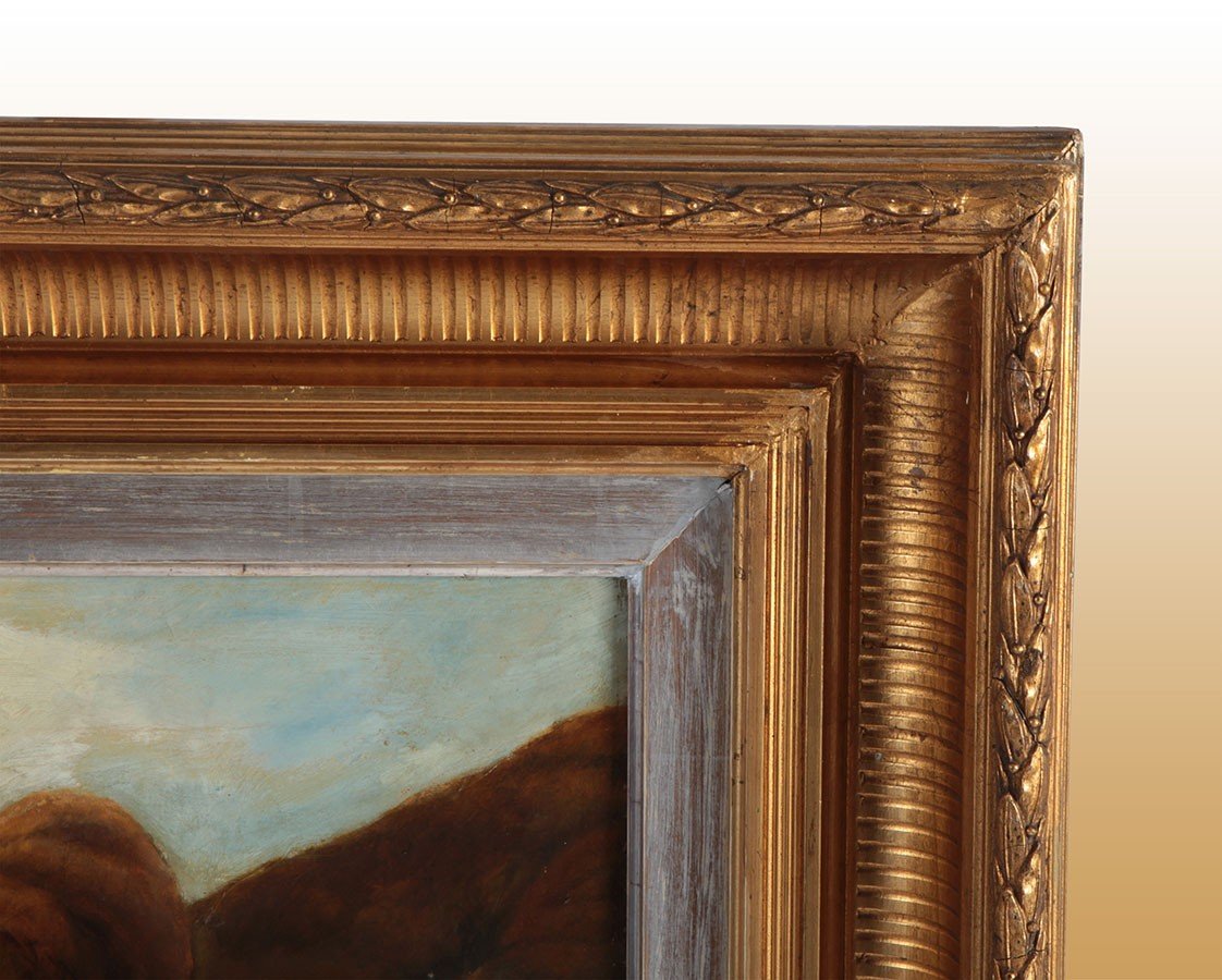 Oil On Canvas Depicting A Grazing Scene With Oxen With Contemporary Gold Leaf Frame. Origin: En-photo-2